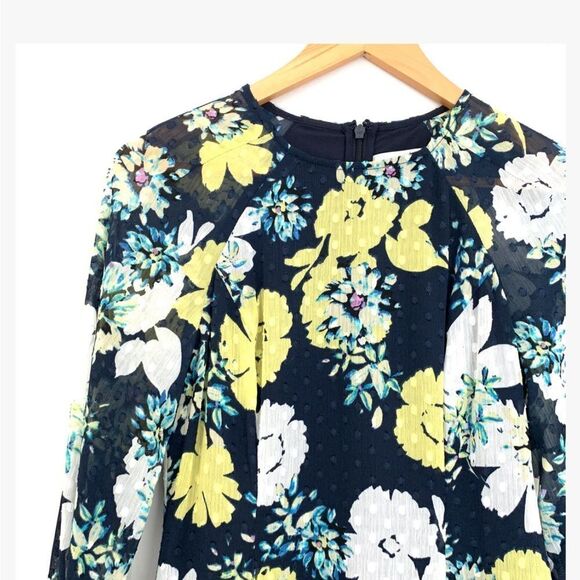 ELIZA J NAVY & YELLOW FLORAL CHIFFON RUFFLE DRESS - Picture 2 of 2